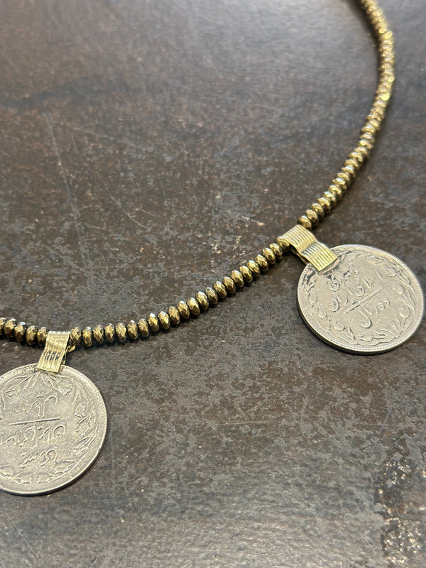 Vintage coins from Afghanistan on stones necklace